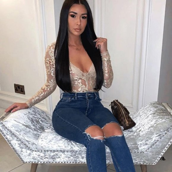 LAST 1! Nude Lace Long Sleeve V-Neck Bodysuit Top - Picture 8 of 15